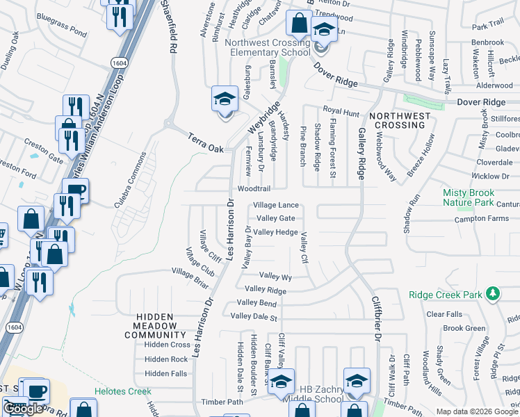 map of restaurants, bars, coffee shops, grocery stores, and more near 9378 Village Lance in San Antonio