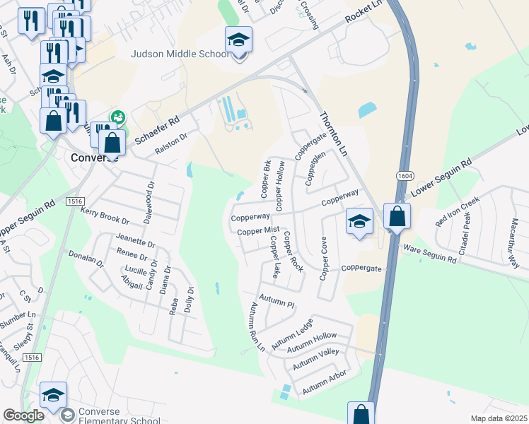 map of restaurants, bars, coffee shops, grocery stores, and more near 9453 Copperway in Converse