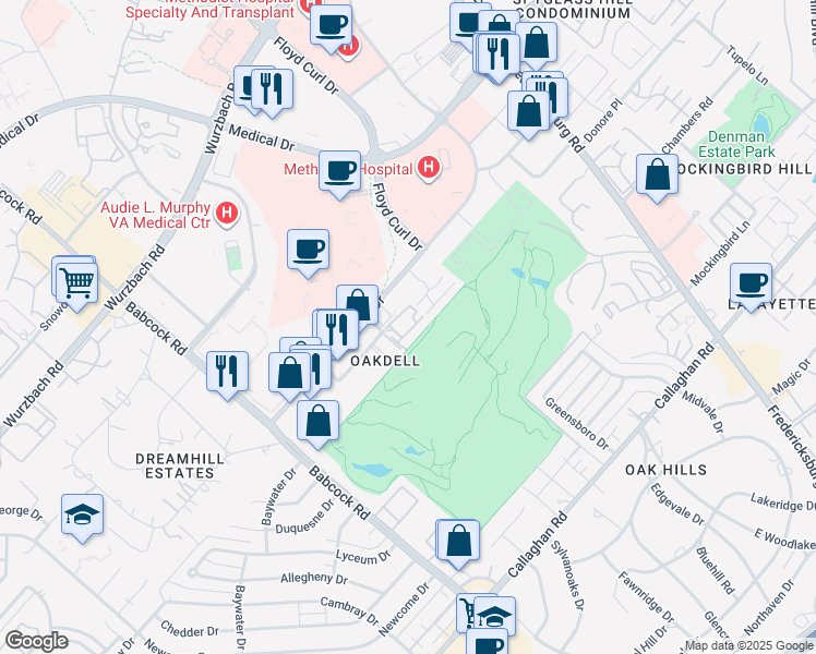 map of restaurants, bars, coffee shops, grocery stores, and more near 7342 Louis Pasteur Drive in San Antonio