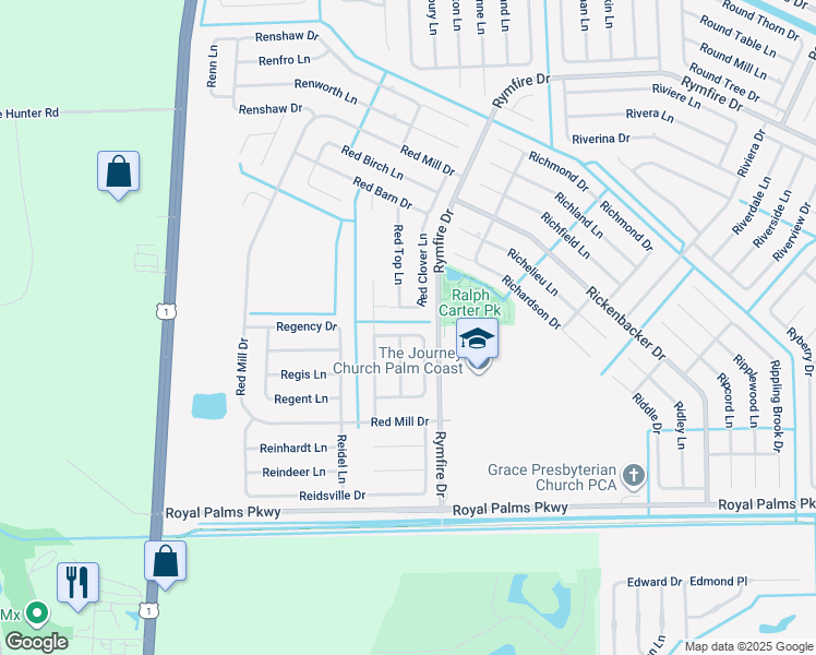 map of restaurants, bars, coffee shops, grocery stores, and more near 44 Reybury Lane in Palm Coast