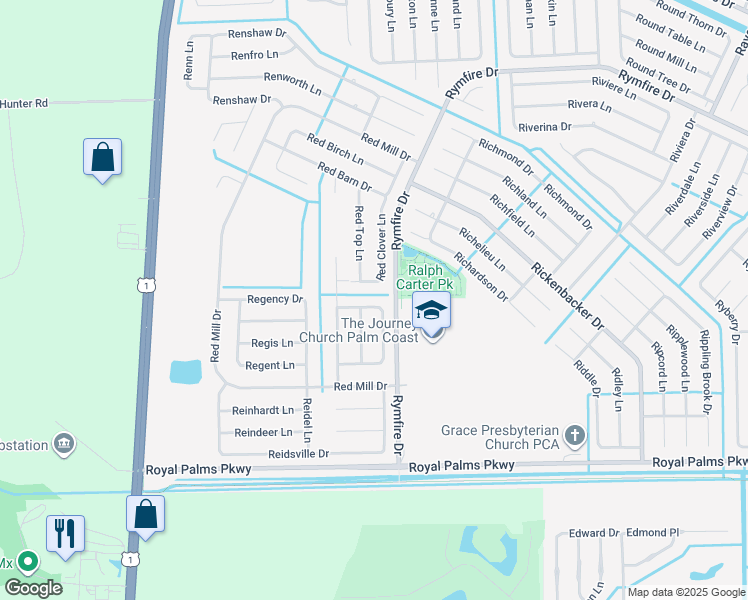 map of restaurants, bars, coffee shops, grocery stores, and more near 44 Reybury Lane in Palm Coast