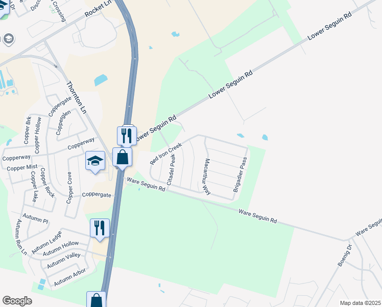 map of restaurants, bars, coffee shops, grocery stores, and more near 7722 Brisbane Bend in Converse