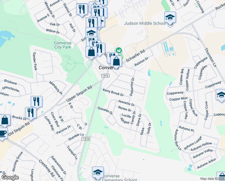 map of restaurants, bars, coffee shops, grocery stores, and more near 108 Kerry Brook Drive in Converse