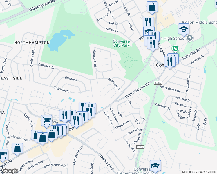 map of restaurants, bars, coffee shops, grocery stores, and more near 7343 Daulton Ridge in Converse