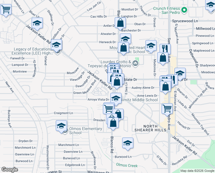 map of restaurants, bars, coffee shops, grocery stores, and more near 1005 Jackson Keller Road in Castle Hills