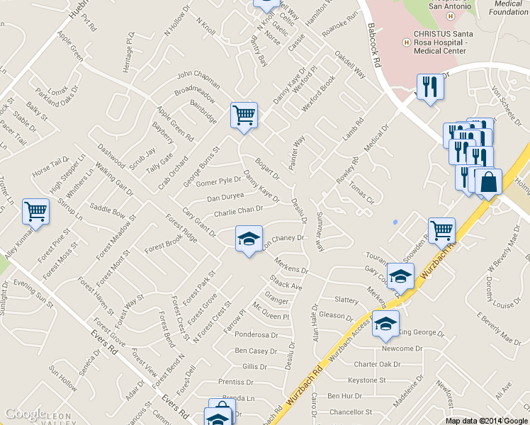 map of restaurants, bars, coffee shops, grocery stores, and more near 5610 Charlie Chan Drive in San Antonio