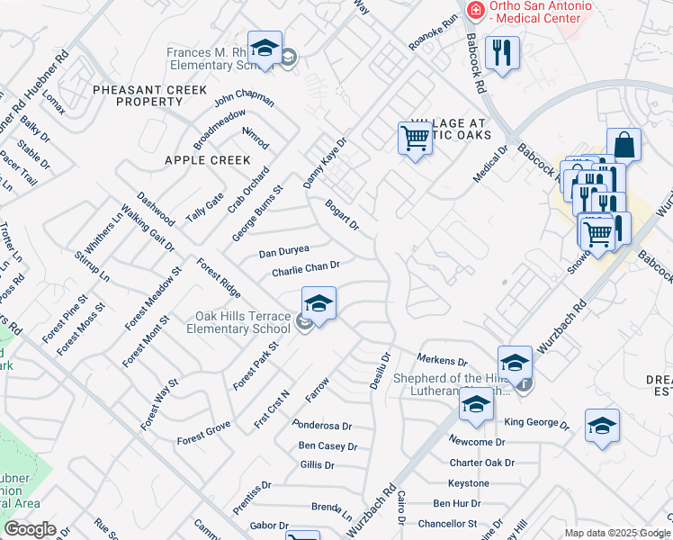 map of restaurants, bars, coffee shops, grocery stores, and more near 5610 Charlie Chan Drive in San Antonio