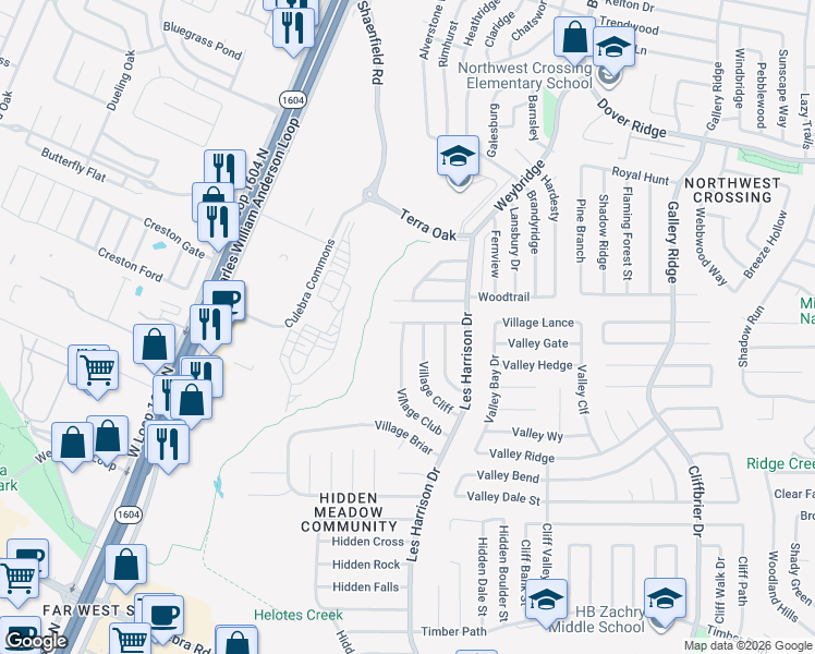 map of restaurants, bars, coffee shops, grocery stores, and more near 6377 Village Club in San Antonio