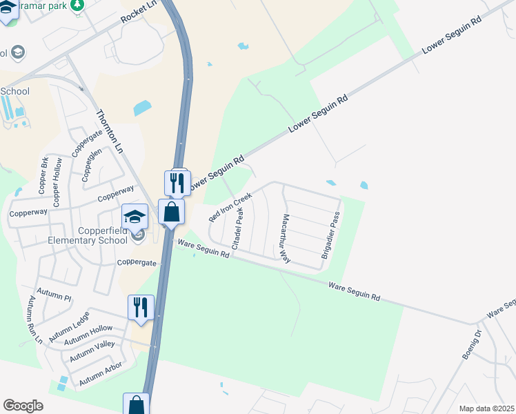 map of restaurants, bars, coffee shops, grocery stores, and more near 7722 Brisbane Bend in Converse