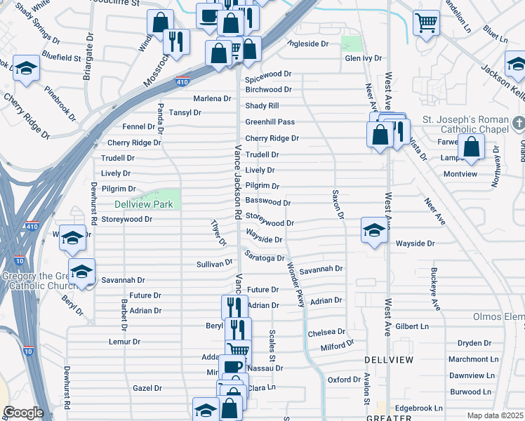map of restaurants, bars, coffee shops, grocery stores, and more near 102 Deneice Drive in San Antonio