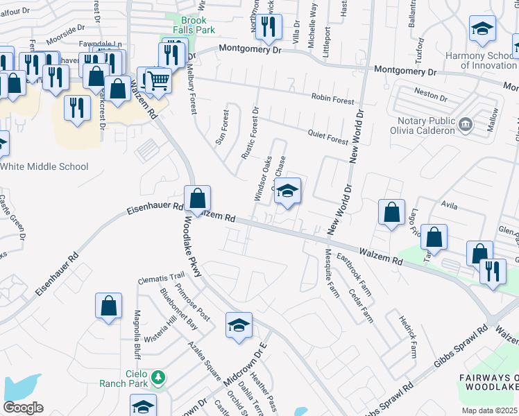 map of restaurants, bars, coffee shops, grocery stores, and more near 7503 Windsor Oaks in San Antonio