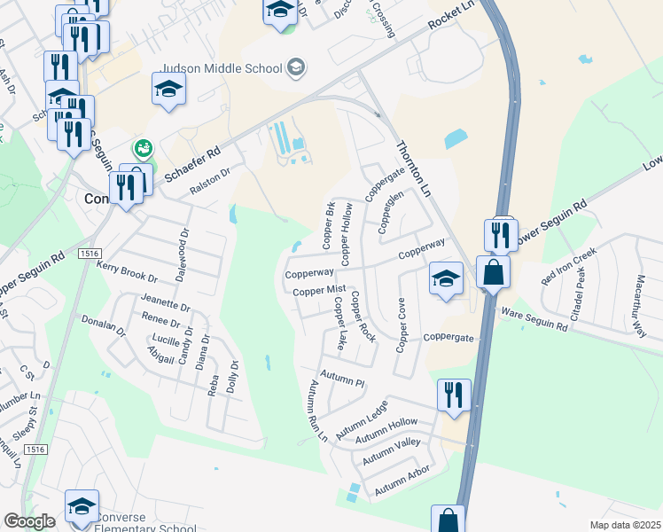 map of restaurants, bars, coffee shops, grocery stores, and more near 9453 Copperway in Converse