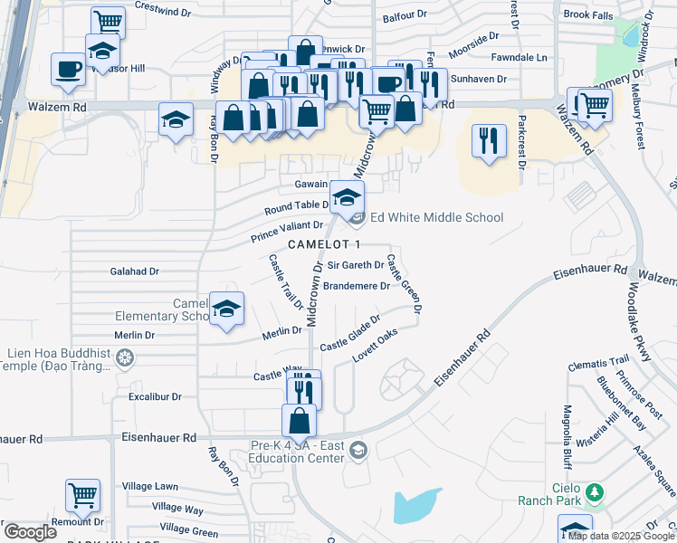 map of restaurants, bars, coffee shops, grocery stores, and more near 5614 Sir Gareth Dr in San Antonio