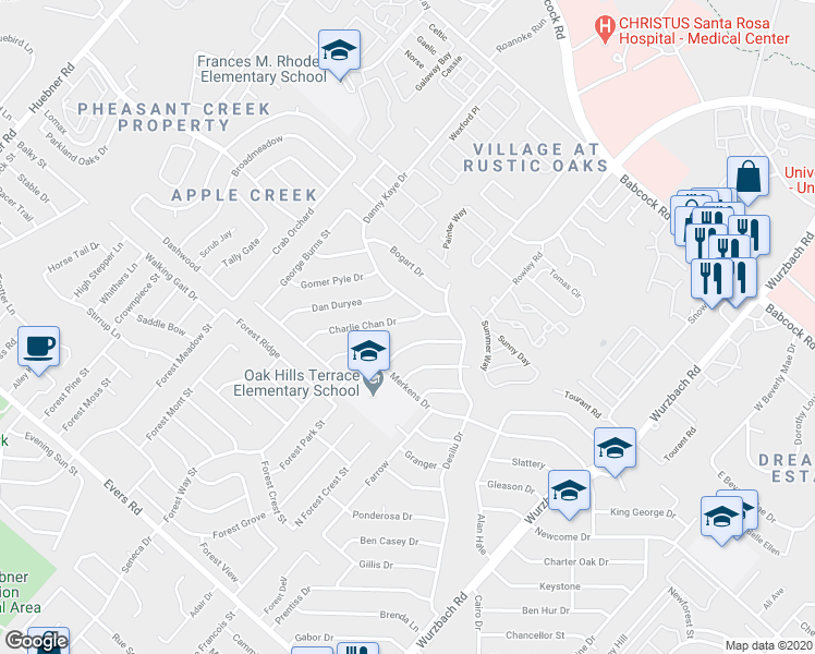 map of restaurants, bars, coffee shops, grocery stores, and more near 5610 Charlie Chan Drive in San Antonio