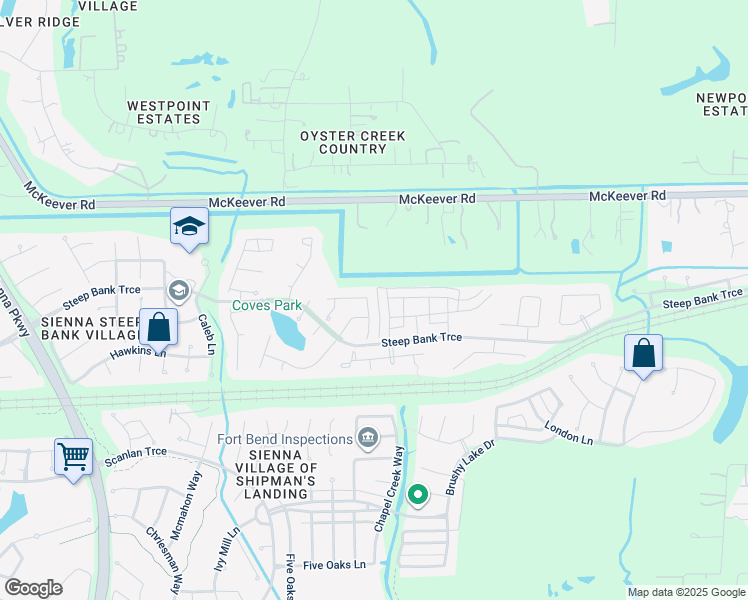 map of restaurants, bars, coffee shops, grocery stores, and more near 3938 Chestnut Bend in Missouri City