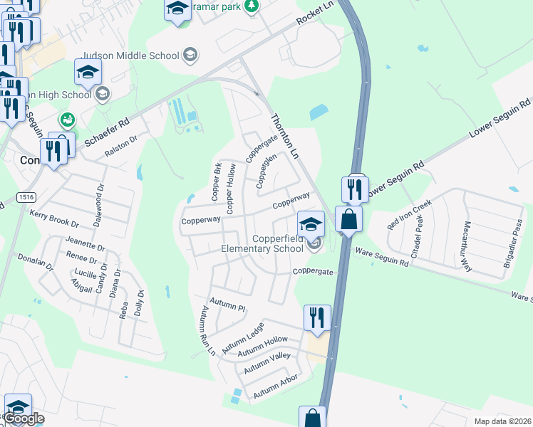 map of restaurants, bars, coffee shops, grocery stores, and more near 9718 Copperway in Converse