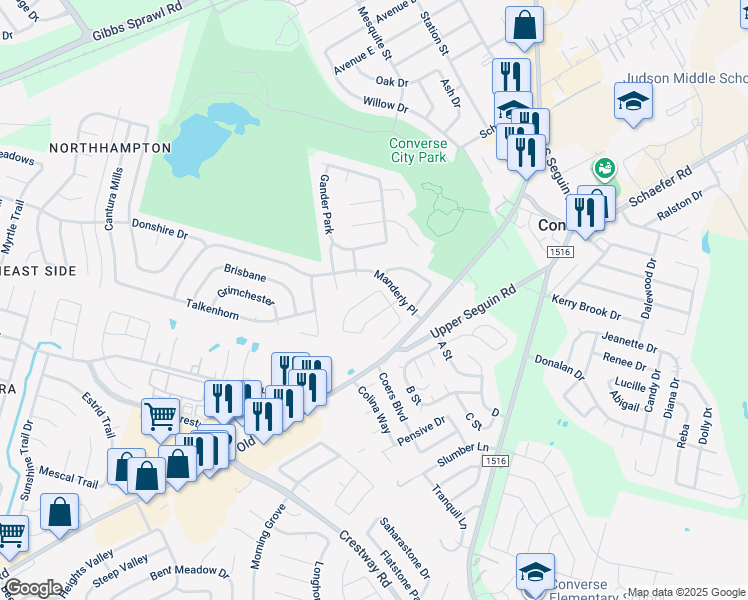 map of restaurants, bars, coffee shops, grocery stores, and more near 7343 Daulton Ridge in Converse