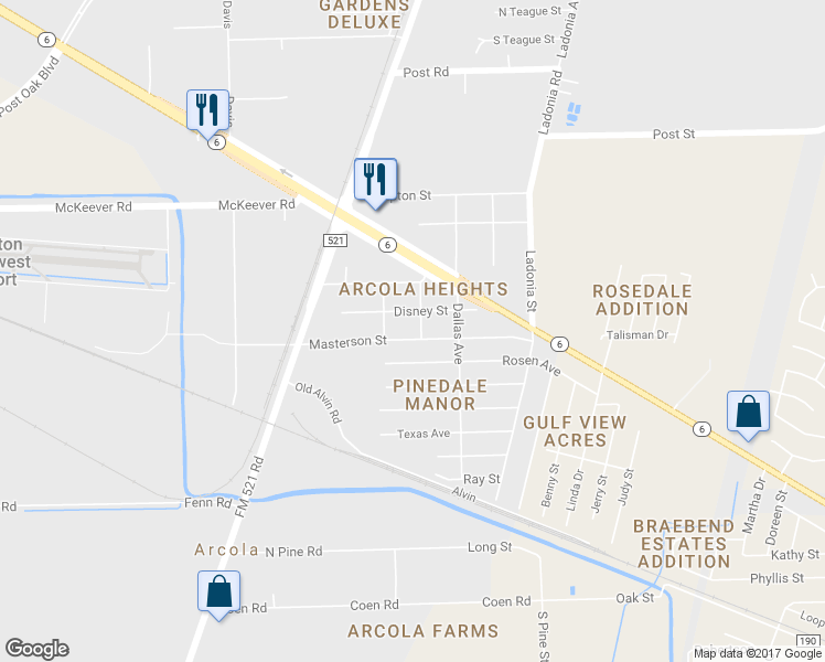 map of restaurants, bars, coffee shops, grocery stores, and more near 221 Masterson Street in Rosharon