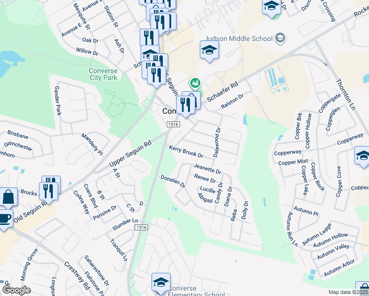 map of restaurants, bars, coffee shops, grocery stores, and more near 108 Kerry Brook Drive in Converse