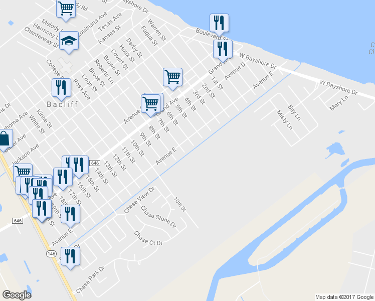 map of restaurants, bars, coffee shops, grocery stores, and more near 4827 7th Street in Bacliff