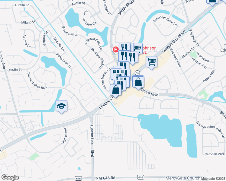 map of restaurants, bars, coffee shops, grocery stores, and more near 1313 Bayport Lane in League City