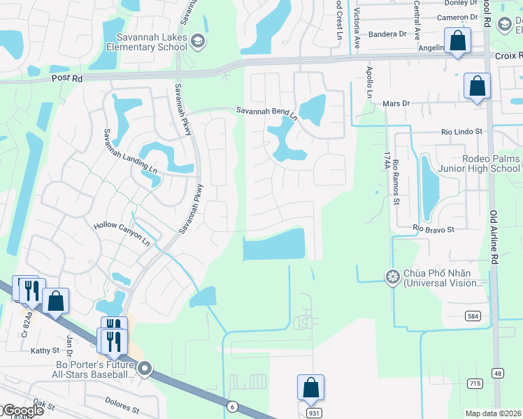 map of restaurants, bars, coffee shops, grocery stores, and more near 13403 Baron Hill Ln in Rosharon