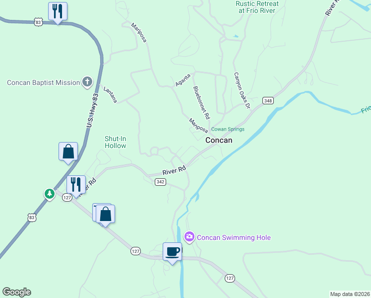 map of restaurants, bars, coffee shops, grocery stores, and more near 767 River Road in Concan