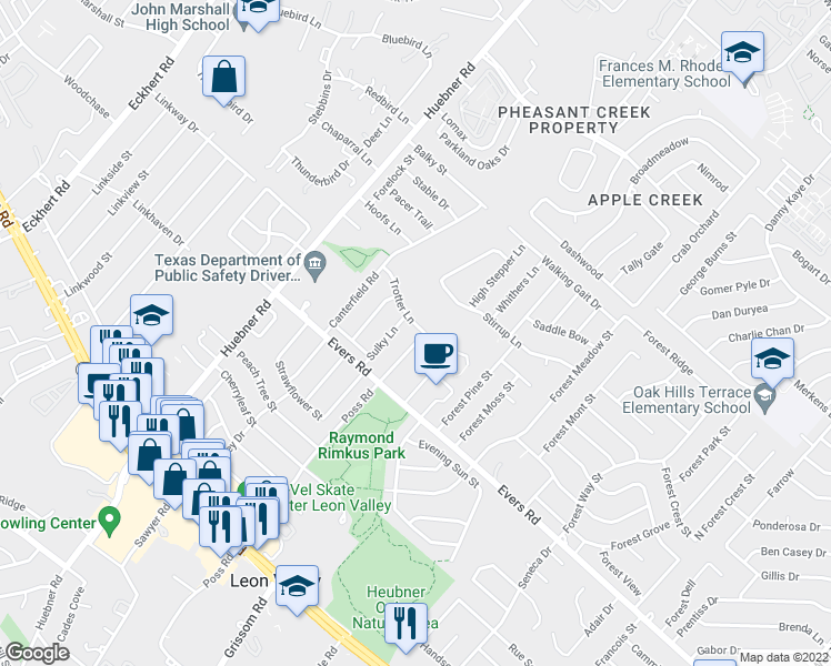 map of restaurants, bars, coffee shops, grocery stores, and more near 7239 Poss Road in San Antonio