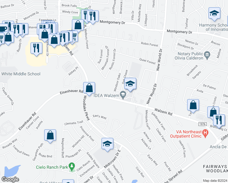 map of restaurants, bars, coffee shops, grocery stores, and more near 7503 Windsor Oaks in San Antonio
