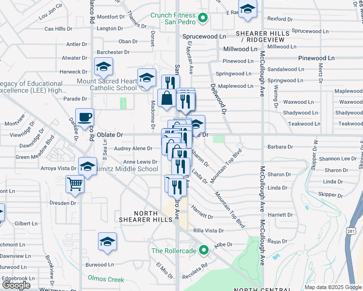 map of restaurants, bars, coffee shops, grocery stores, and more near 6840 San Pedro Avenue in San Antonio