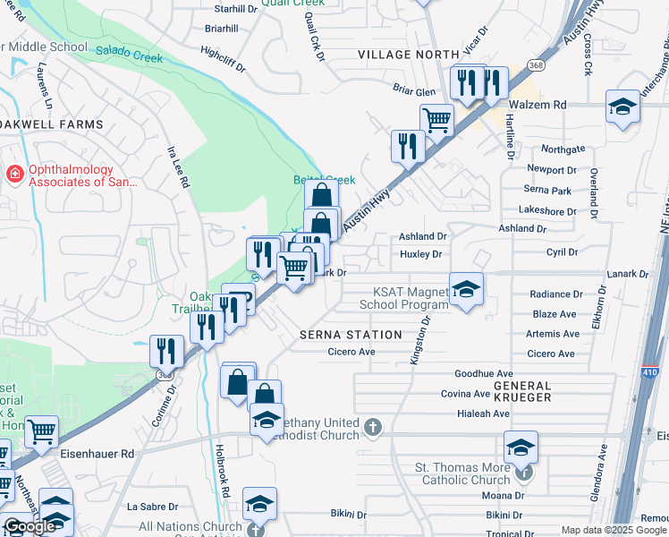 map of restaurants, bars, coffee shops, grocery stores, and more near 127 Lanark Drive in San Antonio