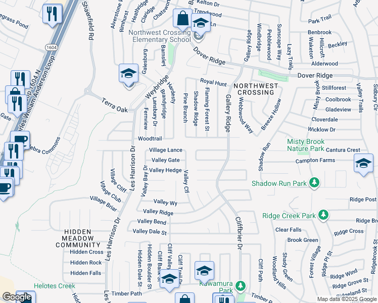 map of restaurants, bars, coffee shops, grocery stores, and more near 6250 Valley Cliff in San Antonio