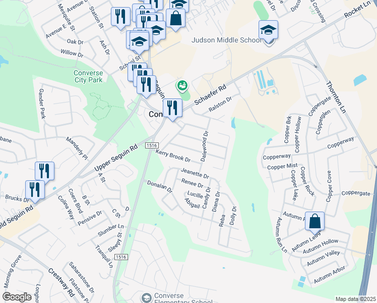map of restaurants, bars, coffee shops, grocery stores, and more near 125 Kingsman Street in Converse