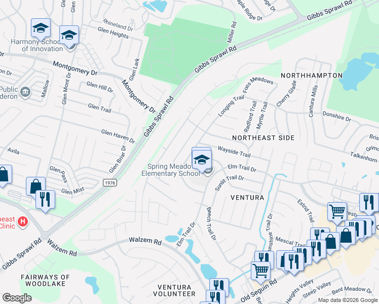 map of restaurants, bars, coffee shops, grocery stores, and more near 7339 Longing Trail in San Antonio