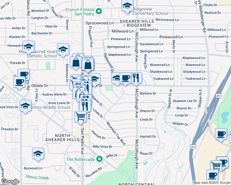 map of restaurants, bars, coffee shops, grocery stores, and more near 123 Melba Drive in San Antonio