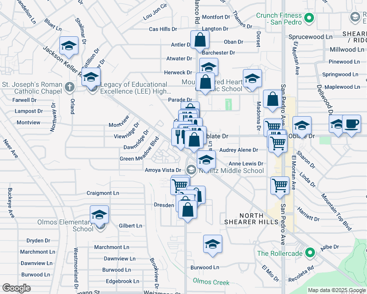 map of restaurants, bars, coffee shops, grocery stores, and more near 1005 Jackson Keller Road in Castle Hills