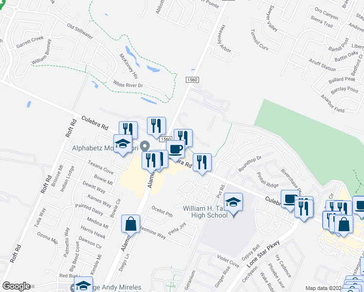 map of restaurants, bars, coffee shops, grocery stores, and more near 11727 Culebra Road in San Antonio