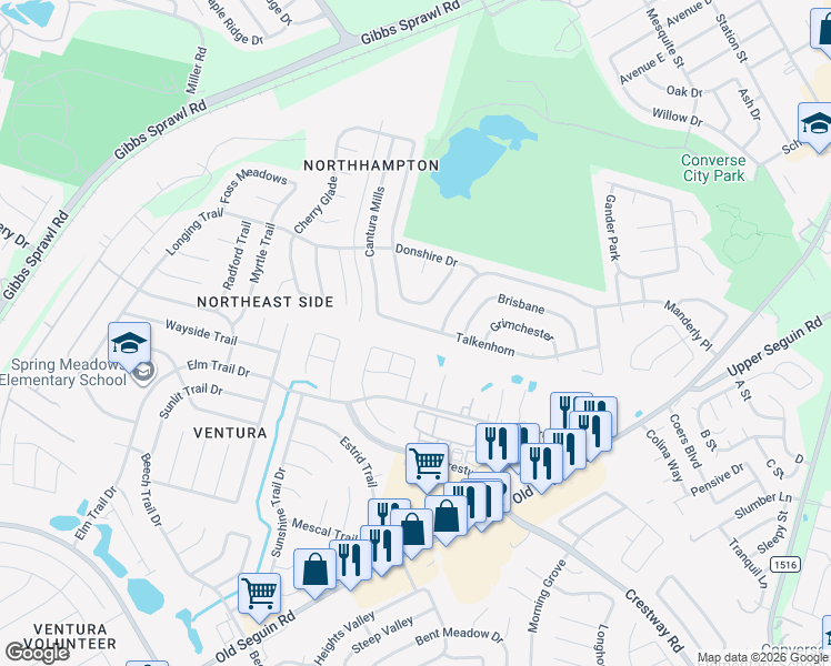 map of restaurants, bars, coffee shops, grocery stores, and more near 8018 Talkenhorn in Converse