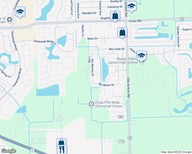map of restaurants, bars, coffee shops, grocery stores, and more near 5510 Rio Alamo Street in Rosharon