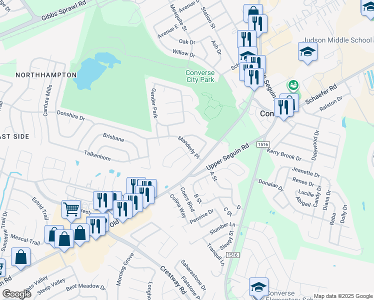 map of restaurants, bars, coffee shops, grocery stores, and more near 8502 Secret Hollow in Converse