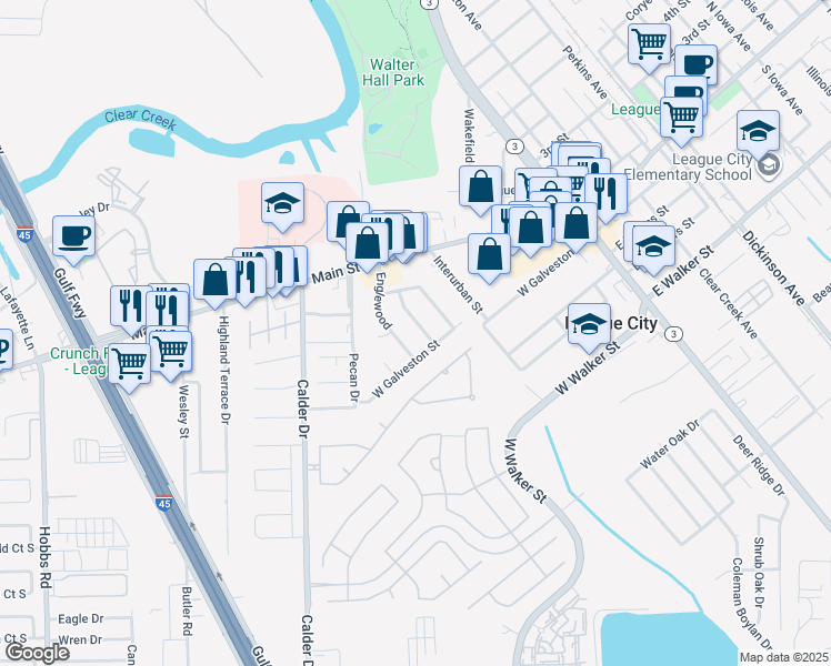 map of restaurants, bars, coffee shops, grocery stores, and more near 215 Oakwood St in League City