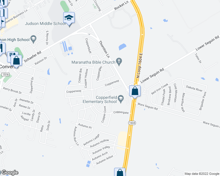map of restaurants, bars, coffee shops, grocery stores, and more near 9831 Copper Rise in Converse