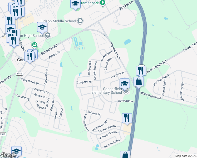 map of restaurants, bars, coffee shops, grocery stores, and more near 8201 Coppergate in Converse