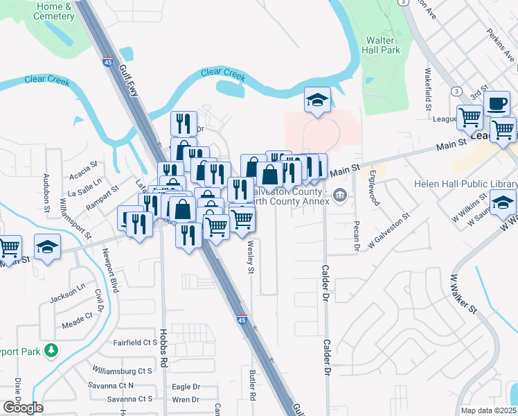 map of restaurants, bars, coffee shops, grocery stores, and more near 1411 West Main Street in League City