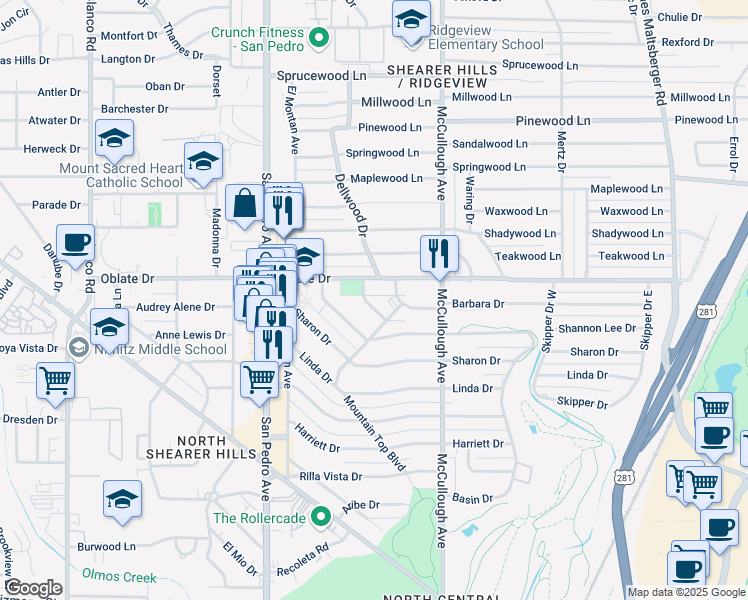 map of restaurants, bars, coffee shops, grocery stores, and more near 123 Melba Drive in San Antonio