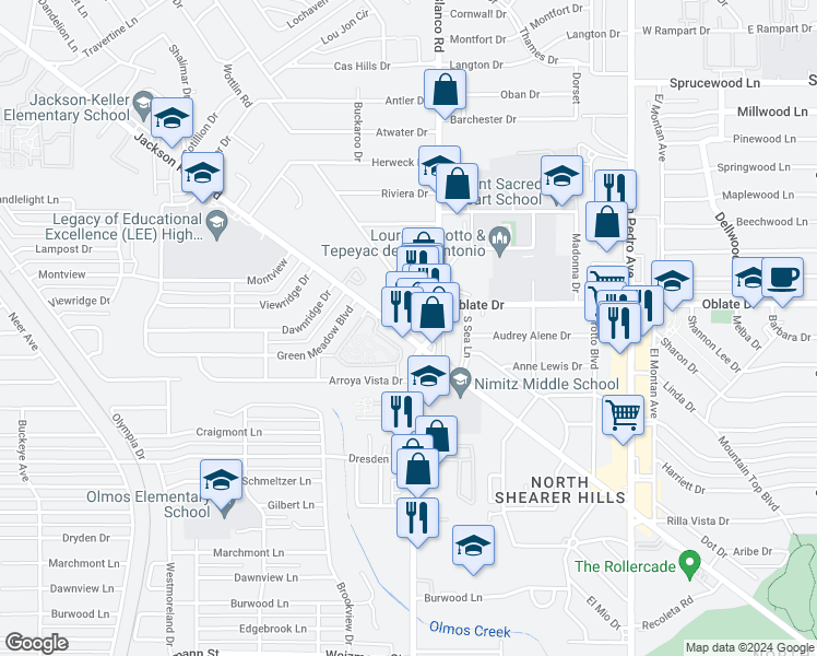 map of restaurants, bars, coffee shops, grocery stores, and more near 1005 Jackson Keller Road in Castle Hills
