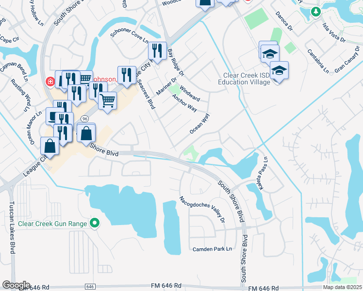 map of restaurants, bars, coffee shops, grocery stores, and more near 2905 Ocean Way in League City