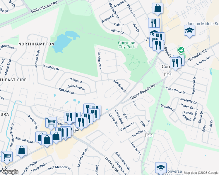 map of restaurants, bars, coffee shops, grocery stores, and more near 7343 Daulton Ridge in Converse
