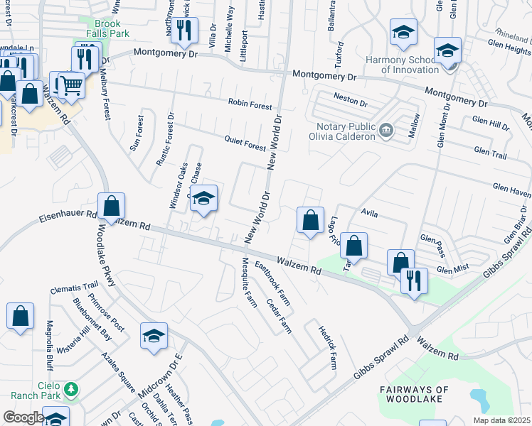 map of restaurants, bars, coffee shops, grocery stores, and more near 7902 New World Drive in San Antonio
