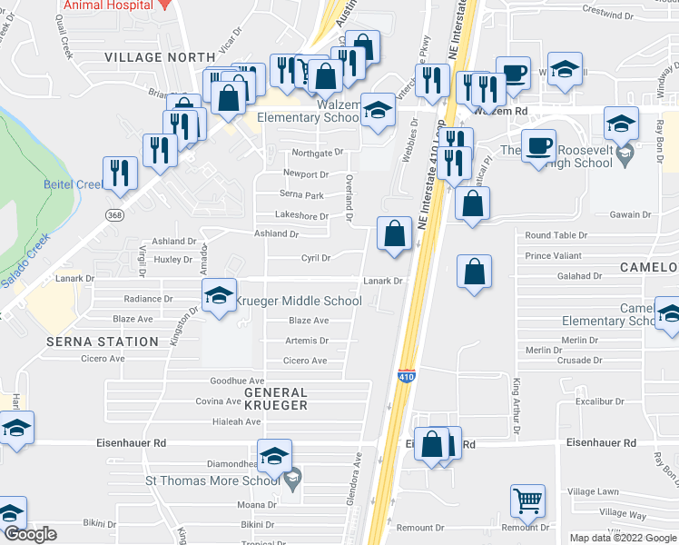 map of restaurants, bars, coffee shops, grocery stores, and more near 567 Lanark Drive in San Antonio